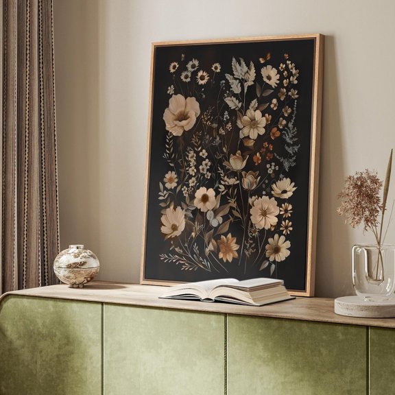 Dark Black Moody Floral Botanical Poster, Unframed Size 8x12