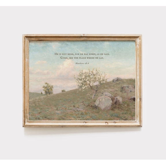 Matthew 28:6, He Has Risen Easter Wall Print, Christian Easter Decor, Christian Home Decor, Vintage Printable Bible Art, Stretched Canvas Size 8x12