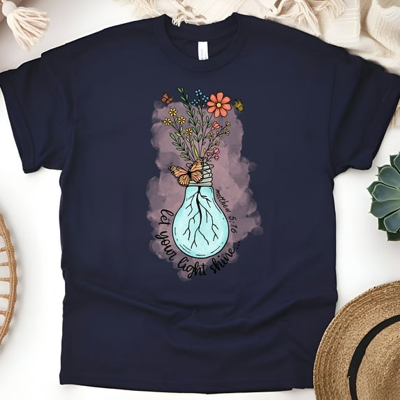 Matthew 5:16 Bible Verse Graphic T-Shirt with Light Bulb Flowers, Navy, Size L