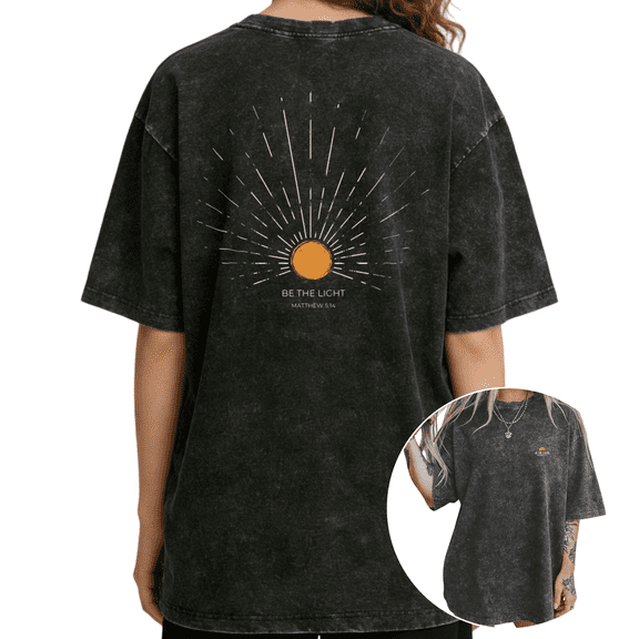 Matthew 5 16 Minimalist Sun T-Shirt Washed Black S-2XL Womens Christian Devotion Everyday Tops