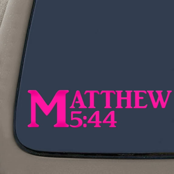 Matthew 5:44 Bible Verse Decal Sticker | 7.5-Inches By 2-Inches | Religious Motivational Inspirational Educational | Hot Pink Vinyl