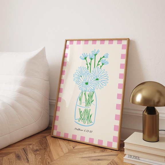 Matthew 6 28 30 Wall Art Christian Poster Flowers in Vase Girly Pastel Decor, Unframed Paper Poster 8x10in
