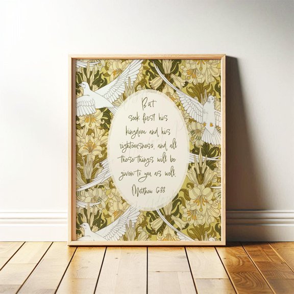 Matthew 6 33 Christian With Vintage Yellow Green Mcm Dove Pattern Scripture Religious Bible Decorative Wall Art Poster , Poster Print Only