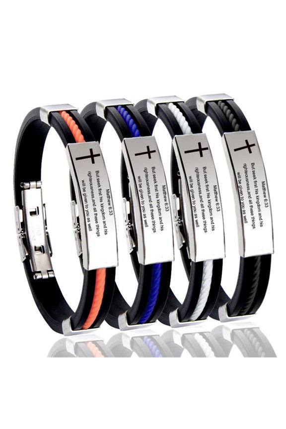 Matthew 6 33 Men's Inspirational Bible Verse Bracelets Set,4 Pcs Inspirational Encouragement Gifts Faith Engraved Scripture Bangle Religious Jewelry Cross Bracelet for Easter,Baptism