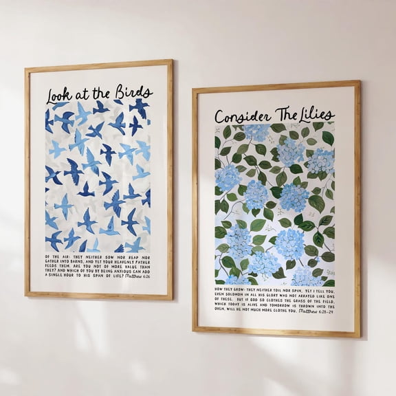 Matthew 6 Bible Verse Art Prints Birds Lilies Set 2 Stretched Canvas 16x24