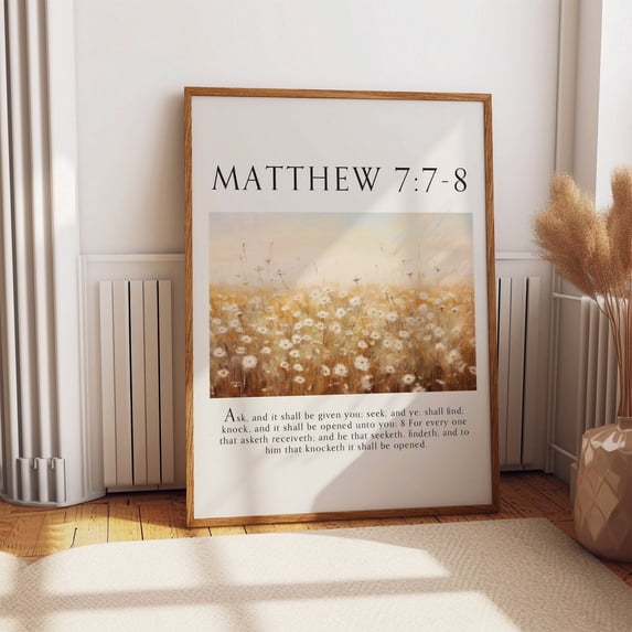 Matthew 7:7-8 Bible Verse Poster - Seek And You Shall Find Scripture Quote Wall Decor ,Decor For Living Room Bedroom, 8x12 UNFRAMED