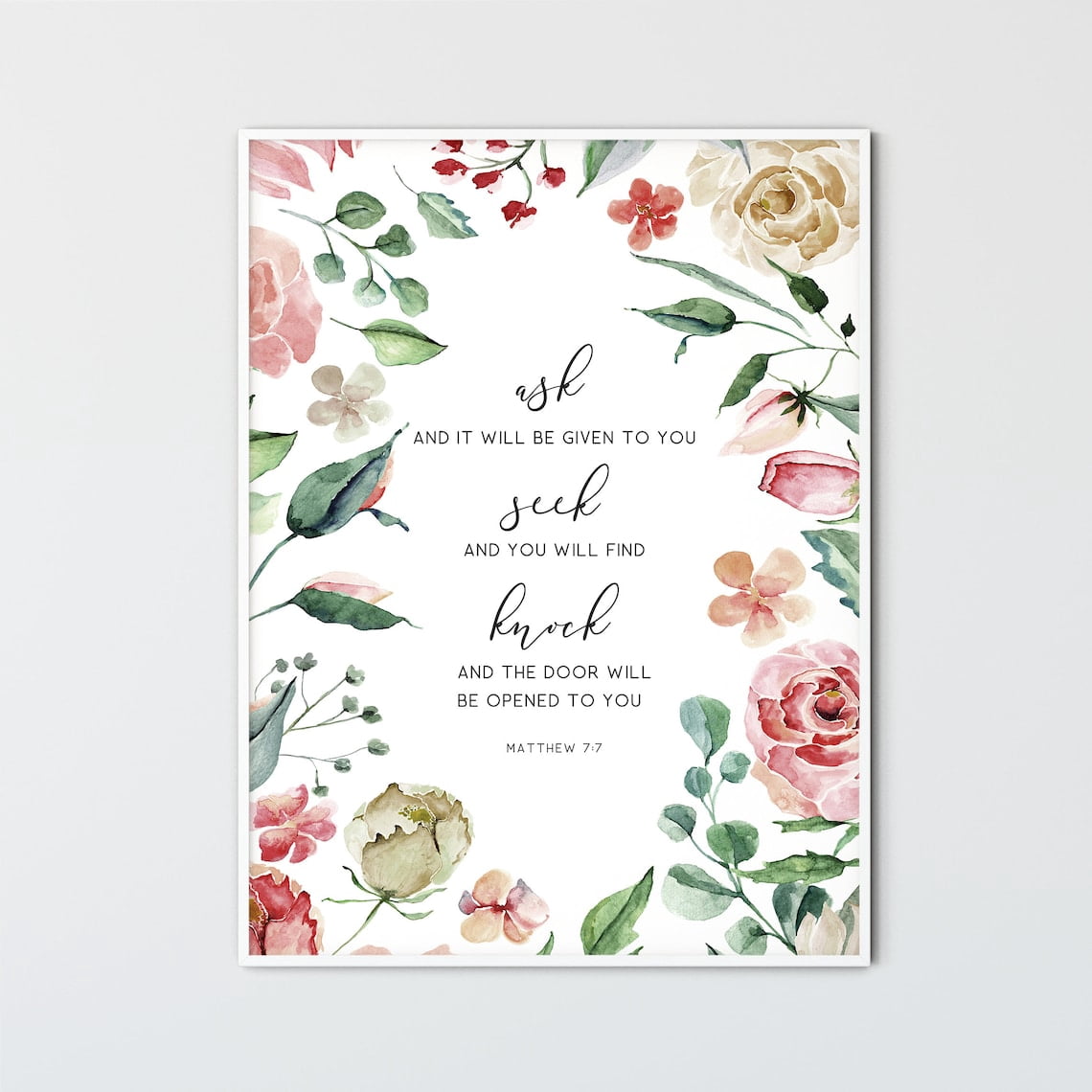 Matthew 7:7 Ask Seek Knock Floral Scripture Wall Art Print - Walmart.com