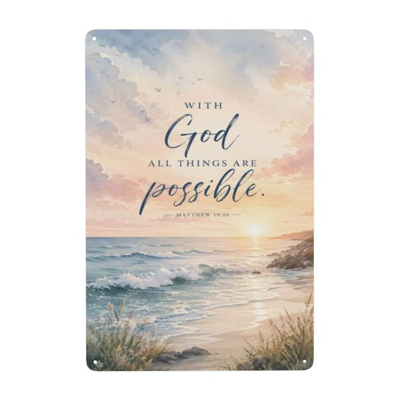 Matthew Beach Sunset Bible Quote Christian Affirmation Metal Wall Decor, Tin Sign for Home, Bar8x12 inch