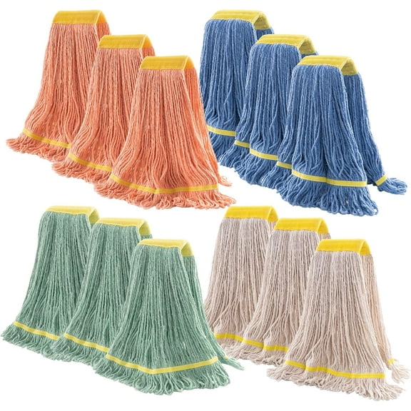 Matthew Cleaning Heavy Duty Mop Head Replacement, 5 Inch Wide Headband, Color Coded Looped End Cotton String Wet Mops for Floor Cleaning, Large Size 24 oz, 12 Pack