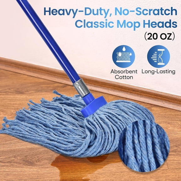 Matthew Cleaning Screw-on Heavy Duty Cotton Wet Mop Replacement Heads (Blue, Medium, 12 Pack) with 2 Pack Microfiber Cloth