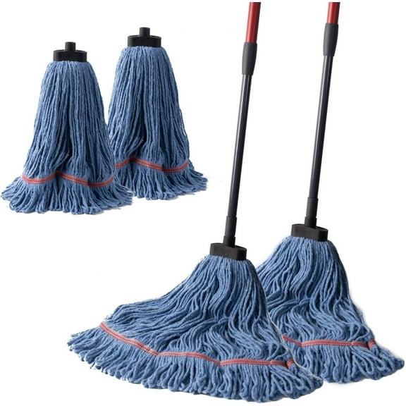 Matthew Commercial&Residential Mop Heavy Duty Industrial Mops with Screw-on Handle(Fit Standard American Screw) Looped-End String Wet Cotton Mops for Home,Office,Warehouse - 2 Set&2 Mop Replacements