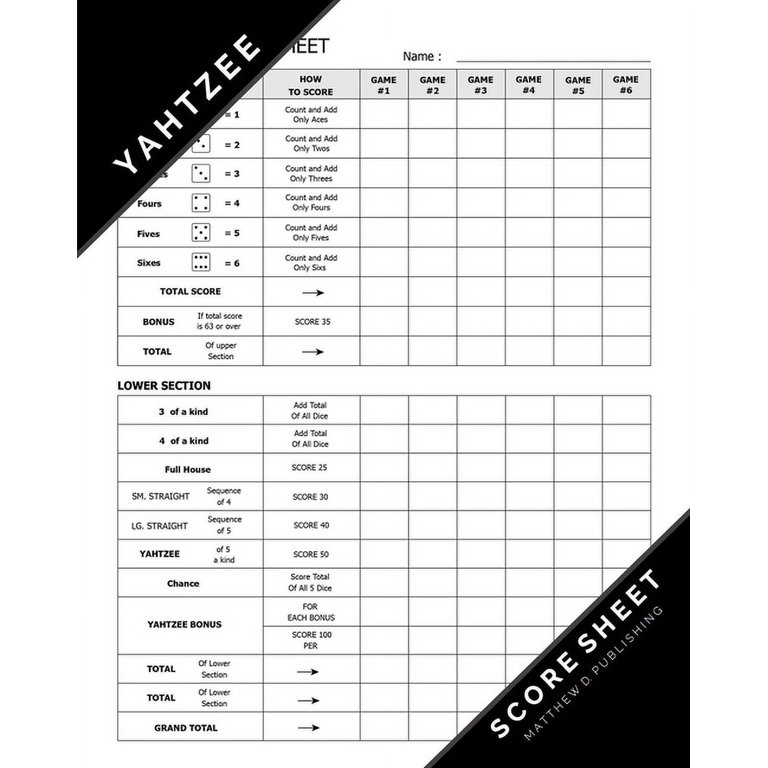 Matthew D. Publishing Yahtzee Score Sheet : Yahtzee Game Record Keeper for Multiple Games of Yahtzee Score Cards with Players Write in the player name and record dice thrown (Paperback) - Walmart.com matthew-d-publishing-yahtzee-score-sheet-yahtzee-game-record-keeper-for-multiple-games-of-yahtzee-score-cards-with-players-write-in-the-player-name-and-record-dice-thrown-paperback-walmart-com