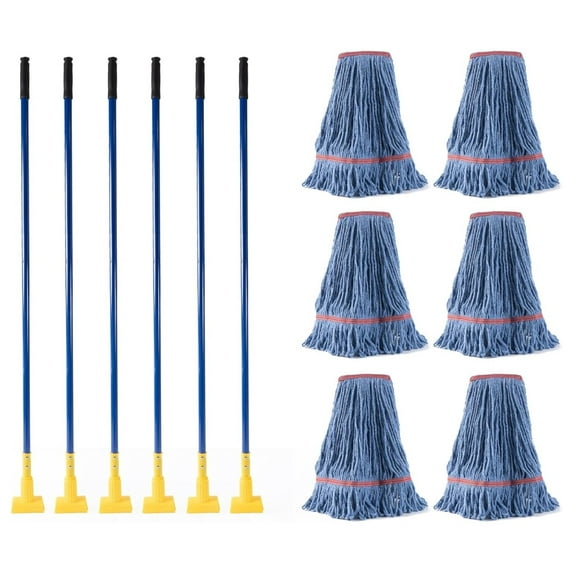Matthew Mop Heavy Duty Industrial Mops with 60''Stainless Steel Pole,Industrial Grade Jaw Clamp,Looped-End String Wet Cotton Mops for Floor Cleaning,Home,Office,Concrete/Tile Floor - 6 Set