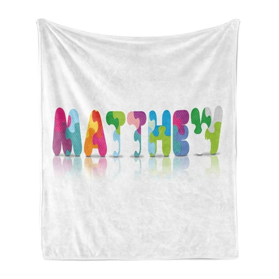 Matthew Soft Flannel Fleece Throw Blanket, Colorful Puzzle Alphabet Baby Name with Importance Educational Pattern, Cozy Plush for Indoor and Outdoor Use, 50" x 70", Multicolor, by Ambesonne