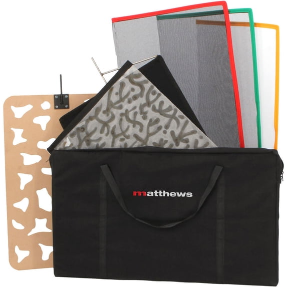 Matthews 18x24" Lighting Control Kit, Includes Single Scrim, Double Scrim, Artificial Silk Scrim, Flag, Cello Cucoloris, Wood Cucoloris, Carrying Bag