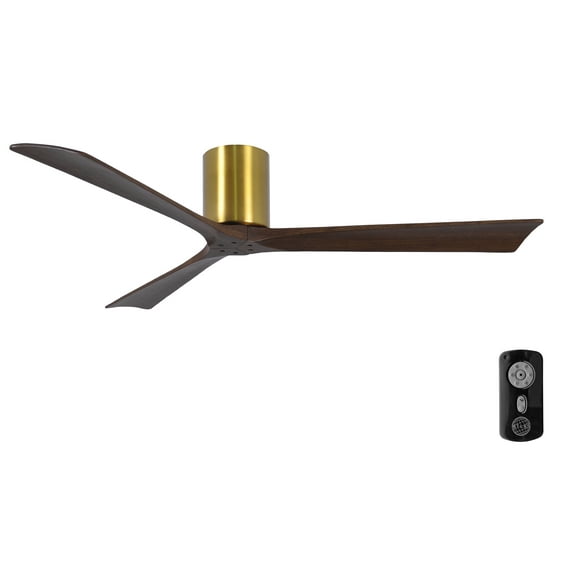 Matthews Fan Company IR3H-BRBR-WA-60 Irene 60" Brushed Brass Hugger Ceiling Fan with 3 Walnut Blades, Remote and Wall Control, Indoor/Outdoor Damp Rated
