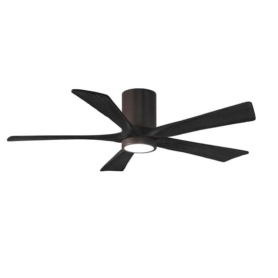 Matthews Fan Company IR5HLK-TB-BK-52 - Irene five-blade flush mount paddle fan in Textured Bronze finish with 52” solid matte black wood blades and integrated LED light kit.