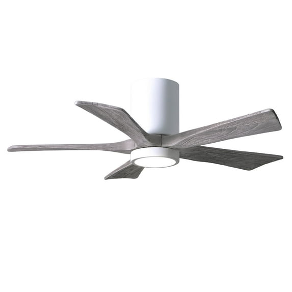 Matthews Fan Company IR5HLK-WH-BK-42 - Irene five-blade flush mount paddle fan in Gloss White finish with 42” solid barn wood tone blades and integrated LED light kit.