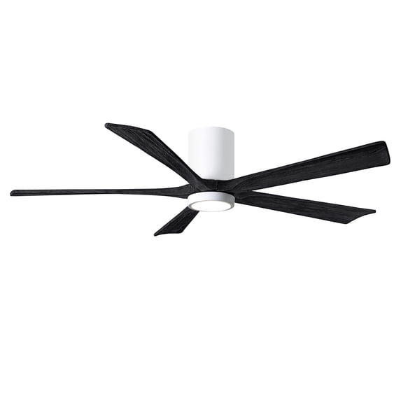 Matthews Fan Company IR5HLK-WH-BK-60 - Irene five-blade flush mount paddle fan in Gloss White finish with 60” solid matte black wood blades and integrated LED light kit.