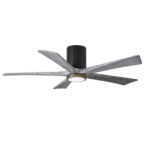 Matthews Fan Company IR5HLK five-blade flush mount paddle fan in Matte Black finish with 52” solid barn wood tone blades and integrated LED light kit.
