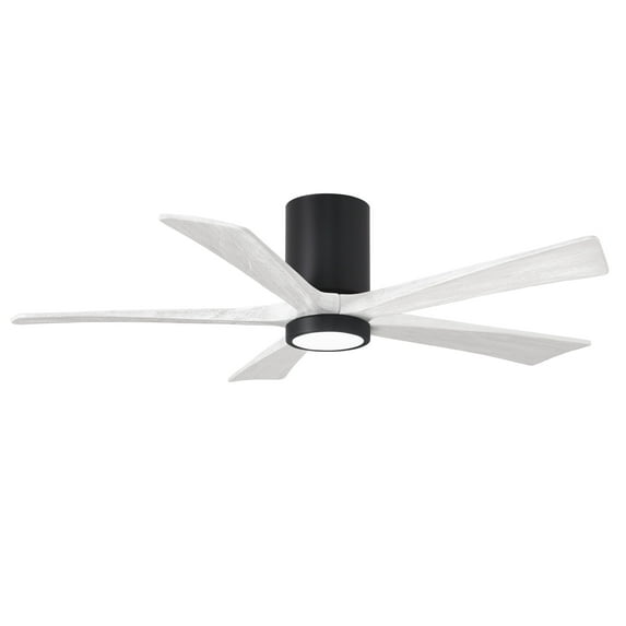 Matthews Fan Company IR5HLK five-blade flush mount paddle fan in Matte Black finish with 52” solid matte white wood blades and integrated LED light kit.