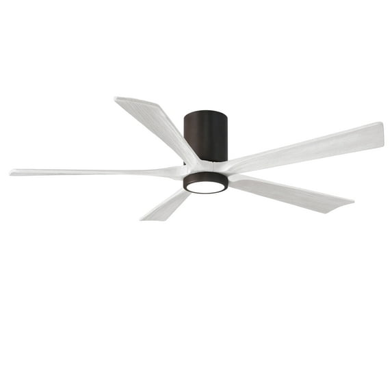 Matthews Fan Company IR5HLK five-blade flush mount paddle fan in Textured Bronze finish with 60” solid matte white wood blades and integrated LED light kit.