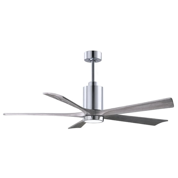 Matthews Fan Company Patricia-5 five-blade ceiling fan in Polished Chrome finish with 60” solid barn wood tone blades and dimmable LED light kit 