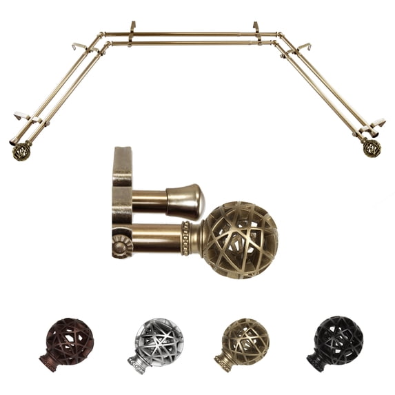 Matthias 13/16" Double Bay Window curtain rod Adjustable 20"-36", 38"-72" - Antique Brass,(ABay-88-4D)