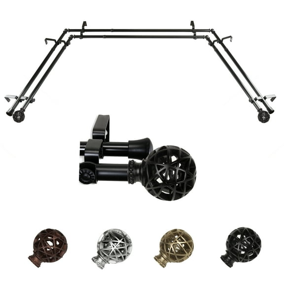 Matthias 13/16" Double Bay Window curtain rod Adjustable 20"-36", 38"-72" - Black,(ABay-88-2D)