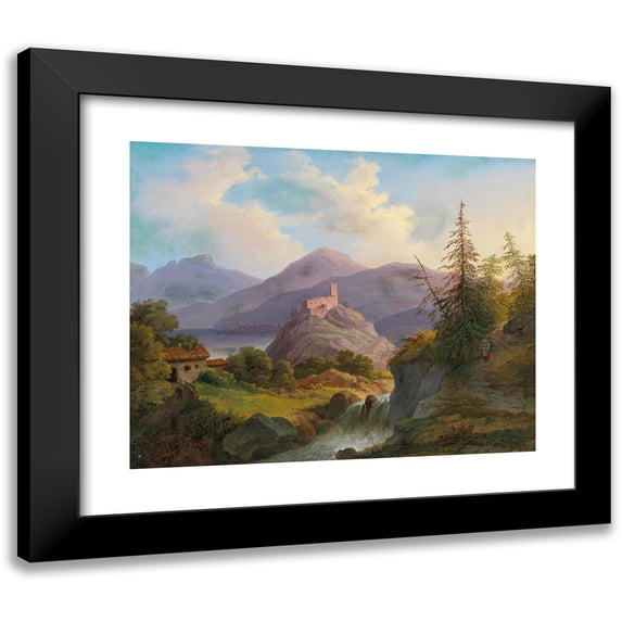 Matthias Rudolf Toma 24x20 Black Modern Framed Museum Art Print Titled - Landscape with Mountain Torrent and Castle in the Distance