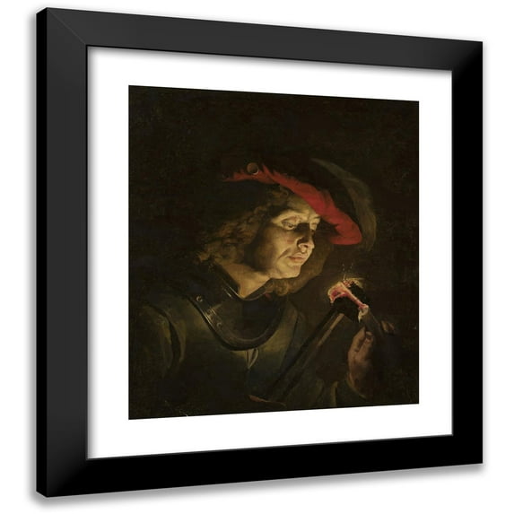Matthias Stom 12x14 Black Modern Framed Museum Art Print Titled - Soldier Lighting a Candle