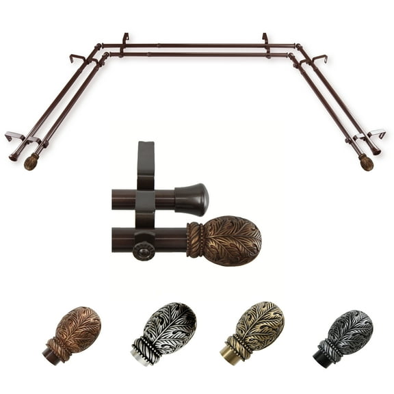 Mattia 13/16" Double Bay Window curtain rod Adjustable 20"-36", 38"-72" - Cocoa,(ABay-06-7D)