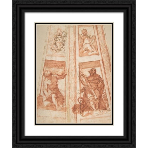 Mattia Preti 15x18 Black Ornate Wood Framed Double Matted Museum Art Print Titled - Design for the Decoration of a Cupola with a Prophet, King David and Two Putti
