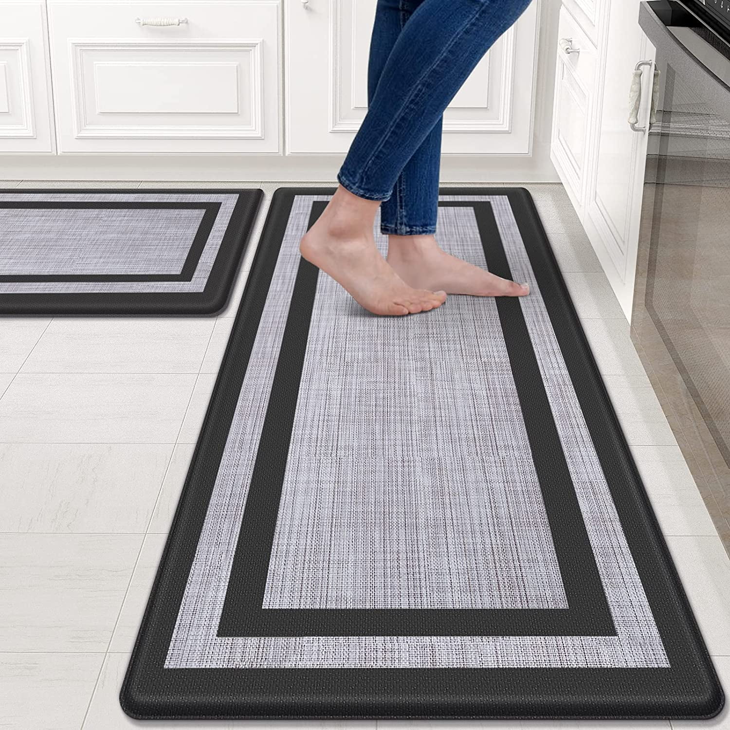 Black and Gray Cushioned Anti-Fatigue Kitchen Mat Set