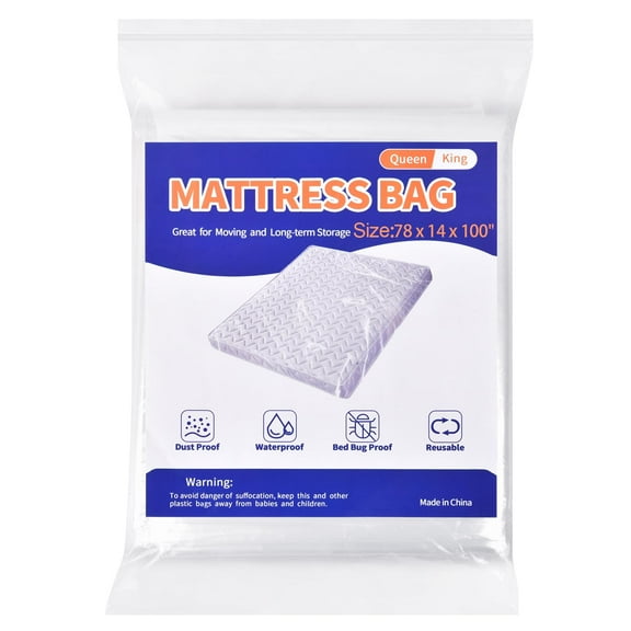 Queen King Mattress Bag for Moving, Clear Plastic Mattress Cover Storage Protector, Waterproof, Fits Up to 14" Height, Ideal for Furniture, White