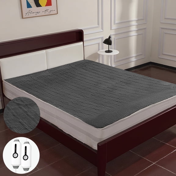 GONUES Heated Mattress Pad Queen Size 60"x80", Soft Coral Fleece Bed Warmer with Dual Control, 10-Hour Auto-off & 4 Heat Settings, Fast Heating, Machine Washable, Gray