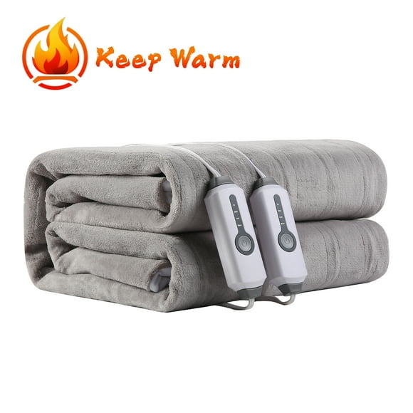 YAKEE Electric Heated Mattress Pad Queen Size, Soft Coral Fleece with Dual Control, 4 Heating Levels, 10 Hours Auto off, Overheat Protection, Machine Washable, Medium Gray