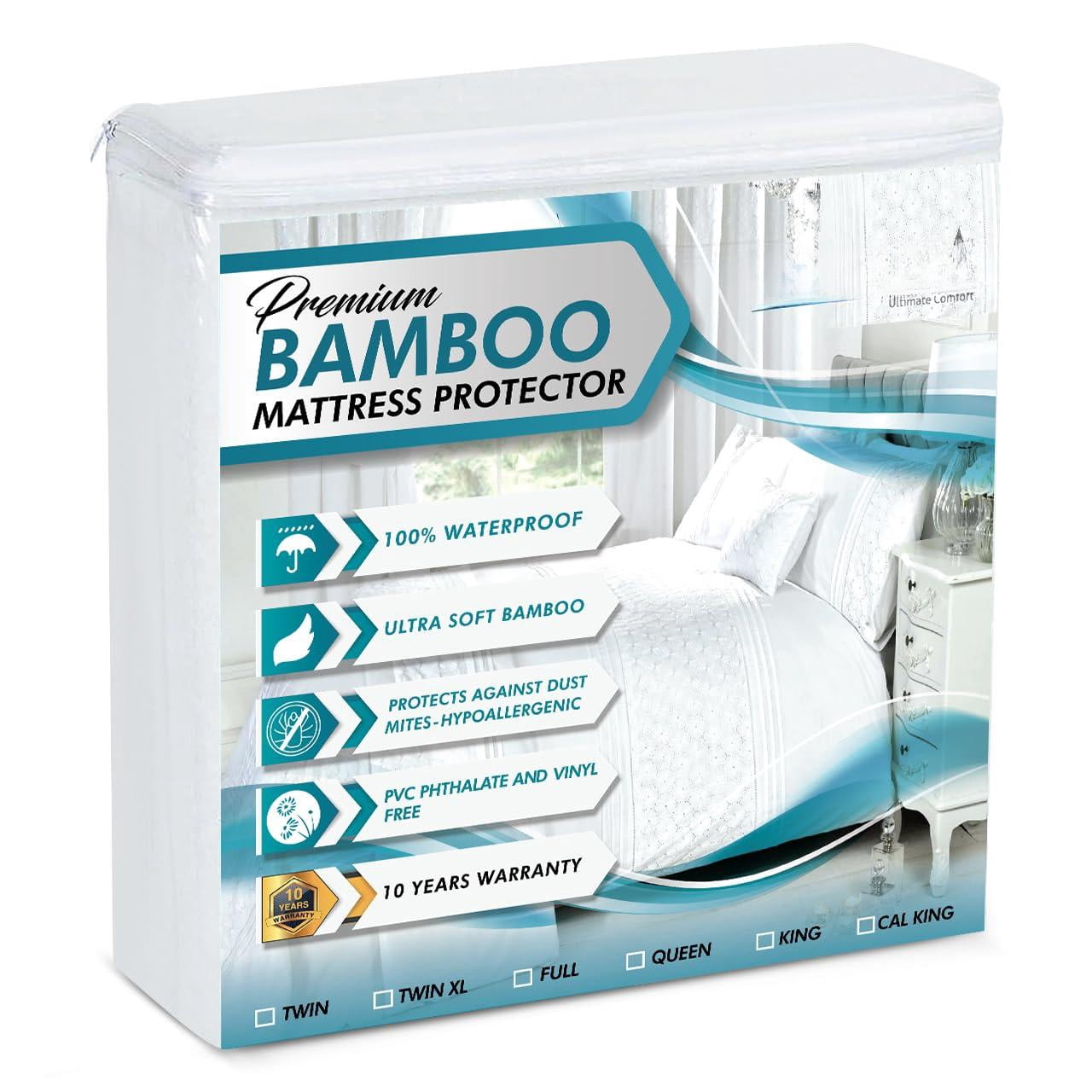 Mattress Protector - Queen Size  Waterproof & Ultra Soft Breathable Noiseless Washable Bed Cover For Comfort Protection White