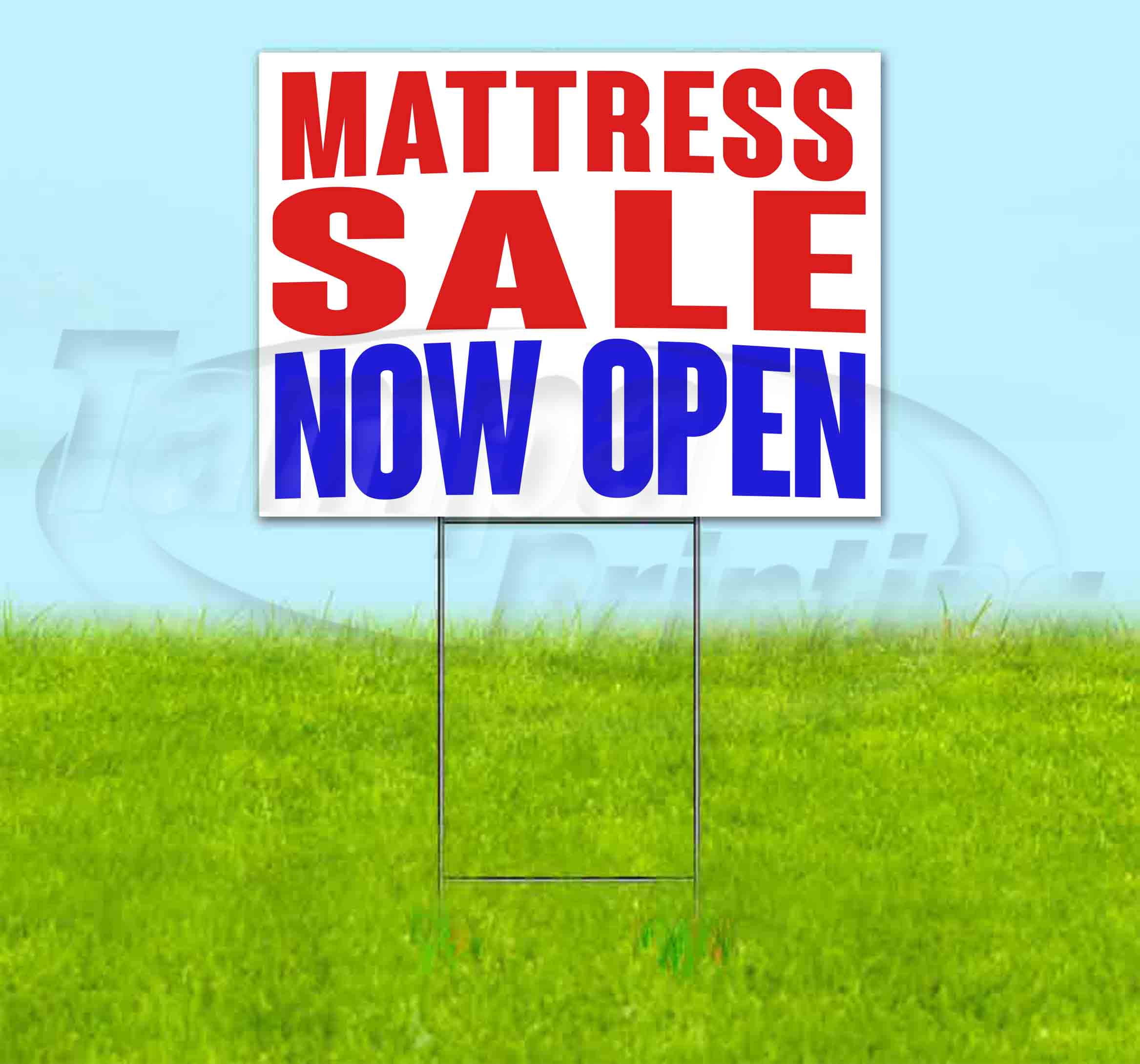 Mattress Sale Now Open (18" x 24") Yard Sign, Includes Metal Step Stake