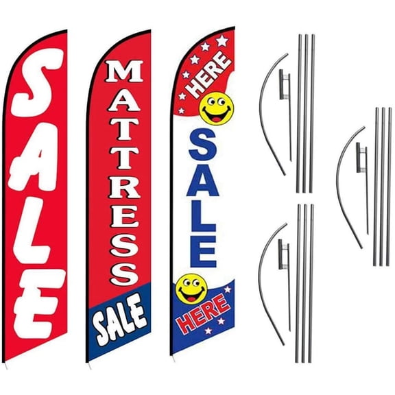 Mattress Store and Outlet Sale Signs, 3 Pack Advertising Package of Mattress Sale, Red Sale, Sale Here Feather Banner Swooper Flag Kits with Ground Spikes