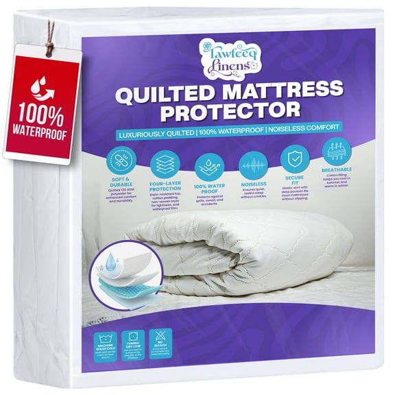 Tawfeeq Linens Waterproof Mattress Protector - California King - Quilted, Breathable & Noiseless with Deep Pocket Elastic Skirt