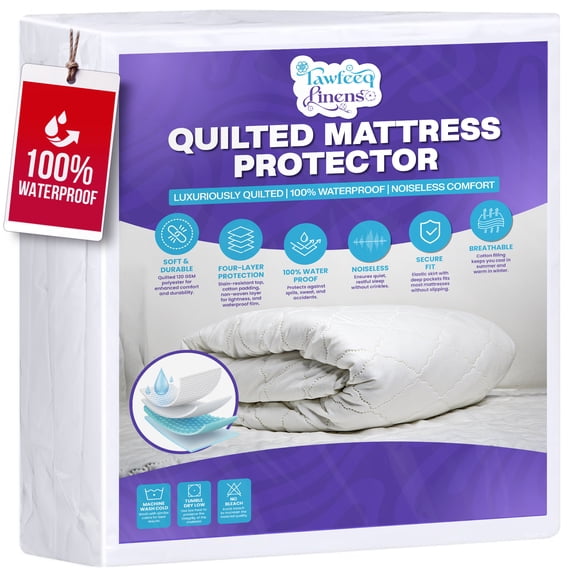 Tawfeeq Linens Waterproof Mattress Protector - Full Size - Quilted, Breathable & Noiseless with Deep Pocket Elastic Skirt