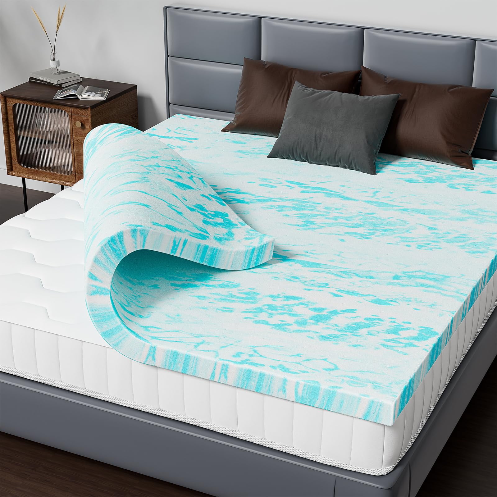 Mattress Topper Queen, 3 Inch Memory Foam Cooling Gel Swirl Infused Bed
