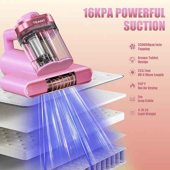 Mattress Vacuum Bed Vacuum Cleaner with 253.7nm -C Light, Hyper Helix Motor with 16kPa Strong Suction & 33000 RPM/Min Tapping, HEPA Filter, 149 ℉ Heat & Ultrasonic & Anion for Bed and Pet