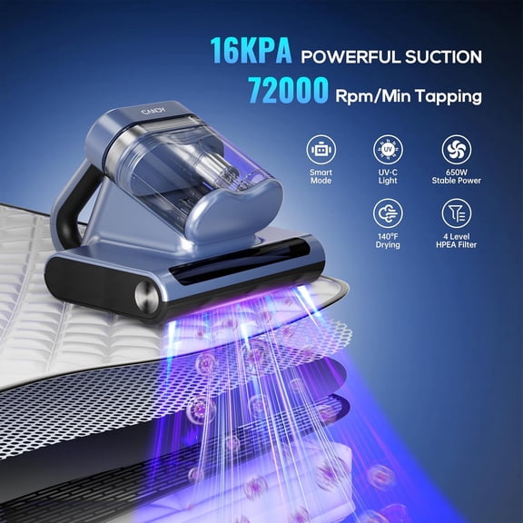 Mattress Vacuum Cleaner, 16Kpa Bed Vacuum Cleaner with -C Light, 140 ° F Heat, 4 Level HEPA Filter & Ultrasonic, Versatile Handheld Vacuums for Bed, Sofa, Couch, Crib(Corded, 650W)