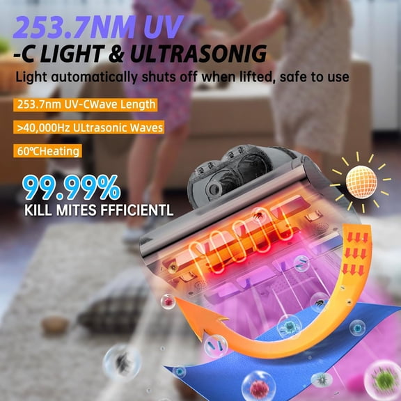 Mattress Vacuum Cleaner with 253.7nm -C Light,Hyper Helix Motor with 16kPa Strong Suction,140 ° F Heat,HEPA Filter & Ultrasonic, Corded Versatile Handheld Vacuums for Bed, Sofa, Couch, Crib
