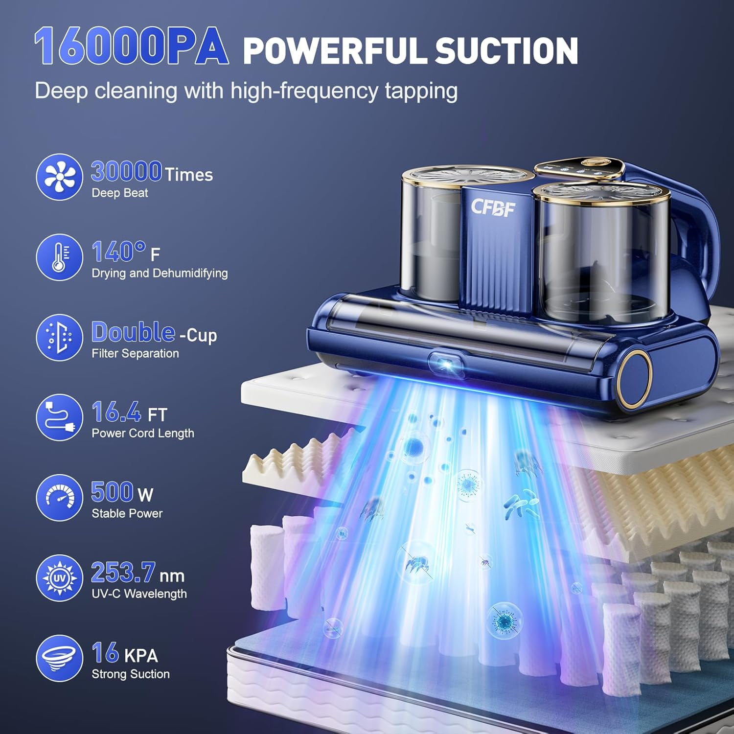 Mattress Vacuum Cleaner, Bed Vacuum Cleaner with 16Kpa Suction 253.7nm -C Light, Ultrasonic & High Heating, 500W Powerful Double-Cup Handheld Vacuums for Bed, Sofa, Couch, Crib, 16.4FT Corded