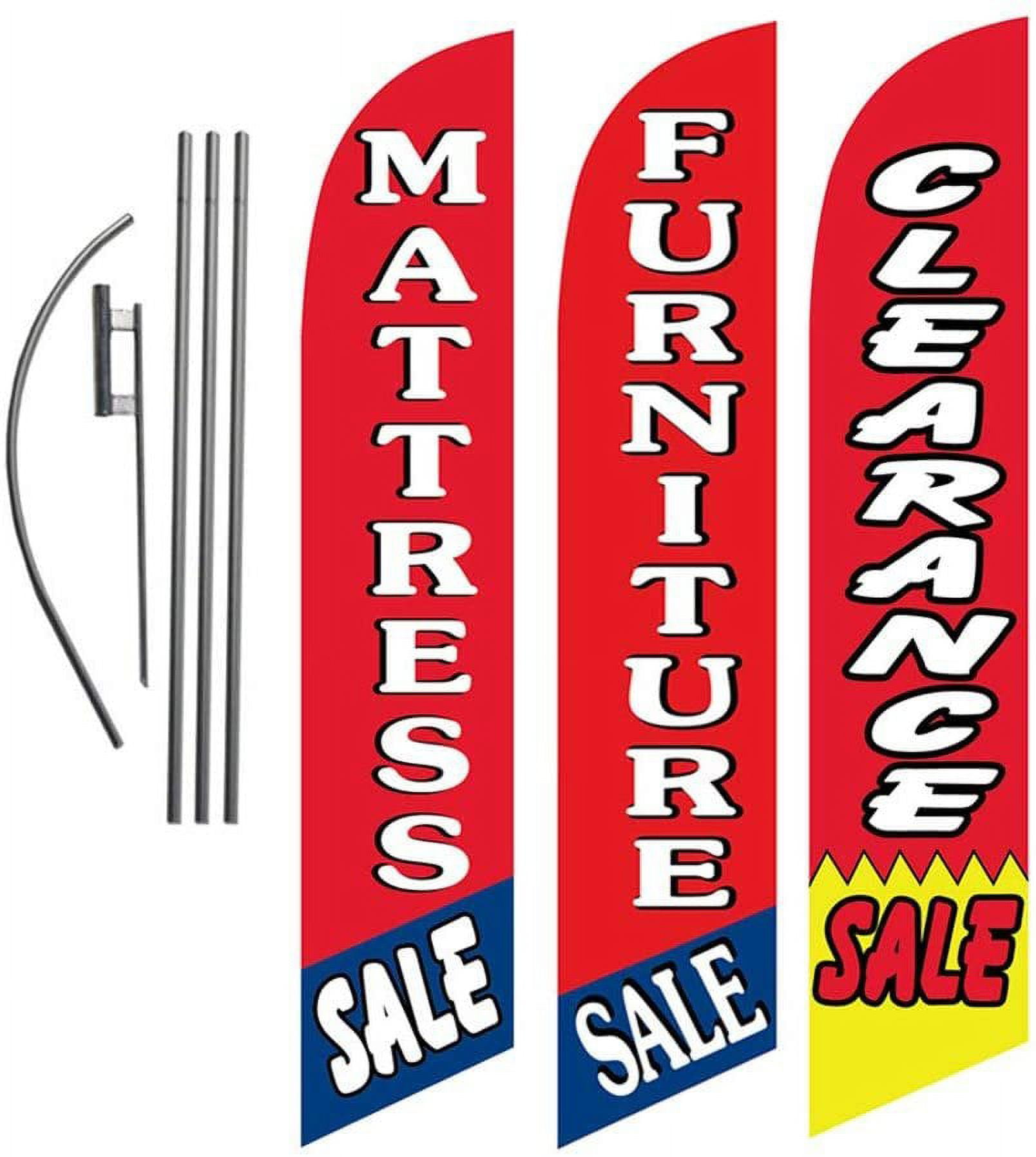 Mattress and Furniture Outlet Advertising Package of 3 Feather Banner Flag Kits and Ground Stakes, Mattress Sale, Furniture Sale