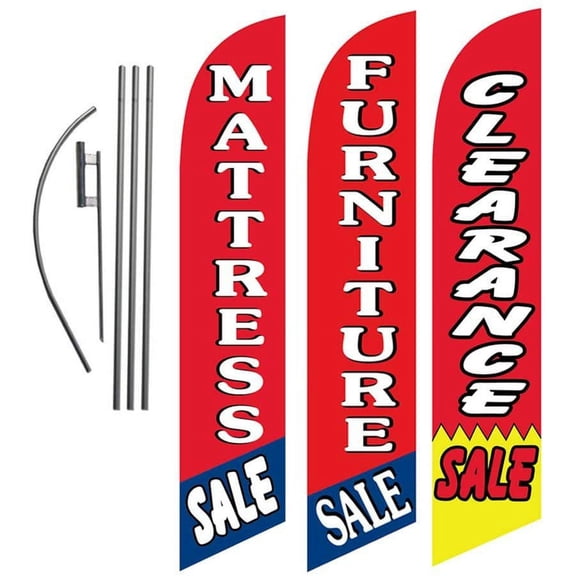 Mattress and Furniture Outlet Advertising Package of 3 Feather Banner Flag Kits and Ground Stakes, Mattress Sale, Furniture Sale