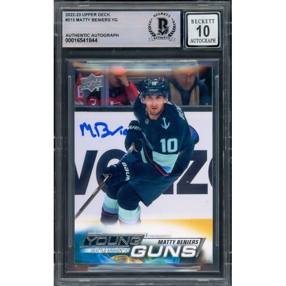 Matty Beniers Autographed 2022-23 Upper Deck Young Guns Rookie Card #213 Seattle Kraken Auto Grade Gem Mint 10 Beckett BAS 228971
